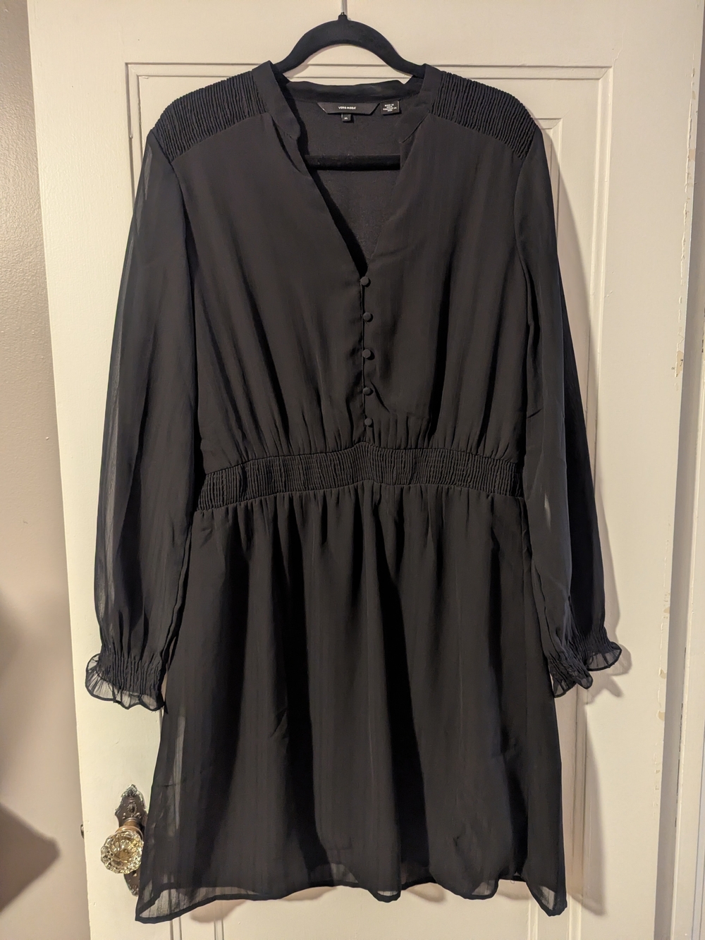 Vero Moda Black Long-Sleeve Smocked-Waist Button Dress